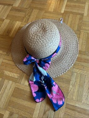 Straw Sun Hat with Floral Scarf Accent - Pink & Navy